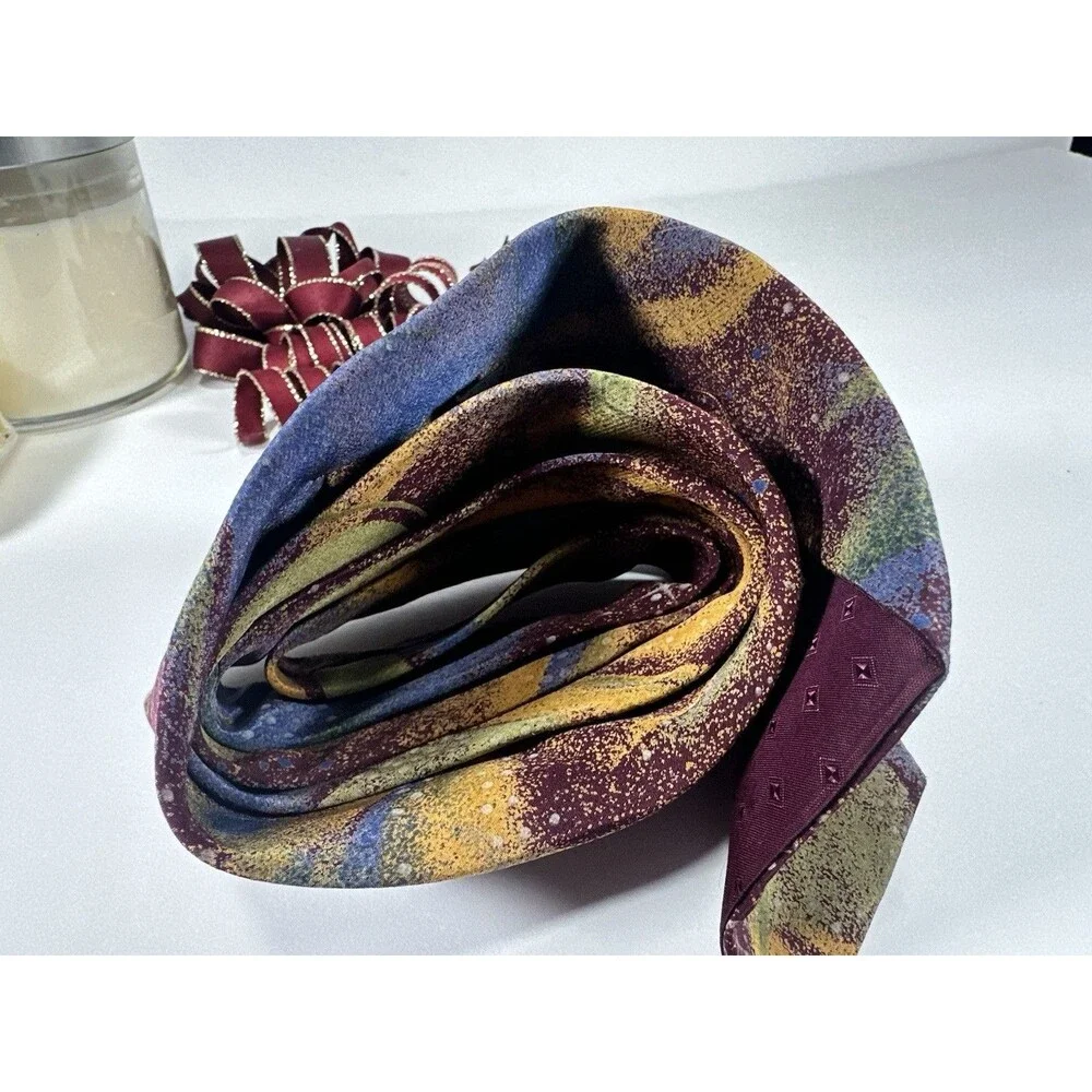 Krizia Uomo Italy Silk Tie Abstract Celestial Galaxy Print Purple Gold Blue MCM